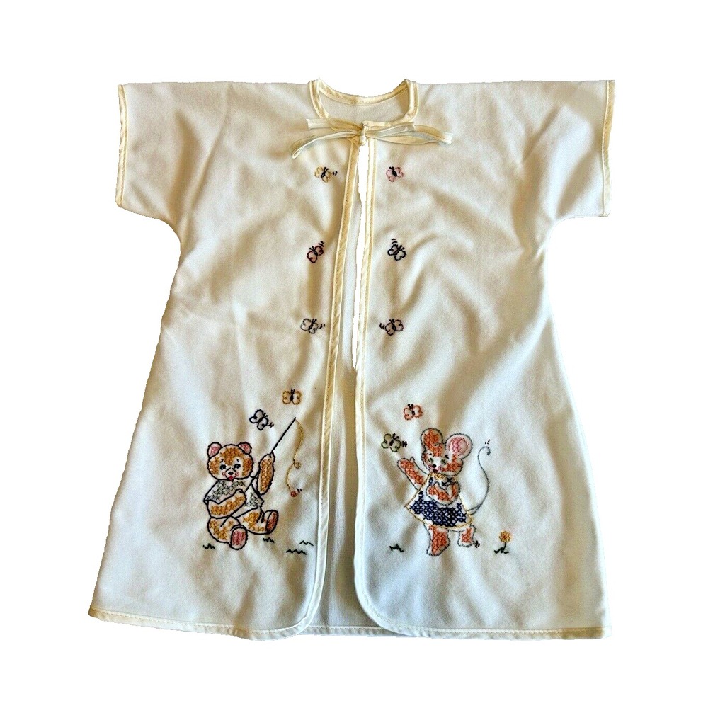 Vintage Baby Unisex Embroidered Mouse Bear Robe Dress Spring Easter Cottage Core